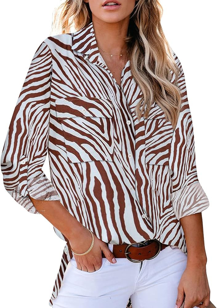 Astylish Women Button Down Snake Print 3 4 Tab Sleeve Tunic Blouse Tops Shirts | Amazon (US)