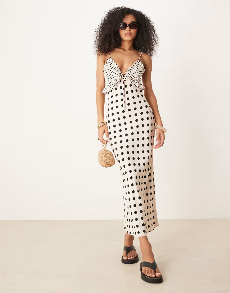 ASOS DESIGN tie front bust ruffle midi dress in polka dot print-Multi | ASOS (Global)