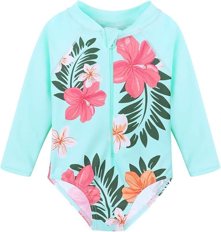 Baby/Toddler Girl Swimsuit Rashguard Swimwear Long Sleeve One-Piece | Amazon (US)