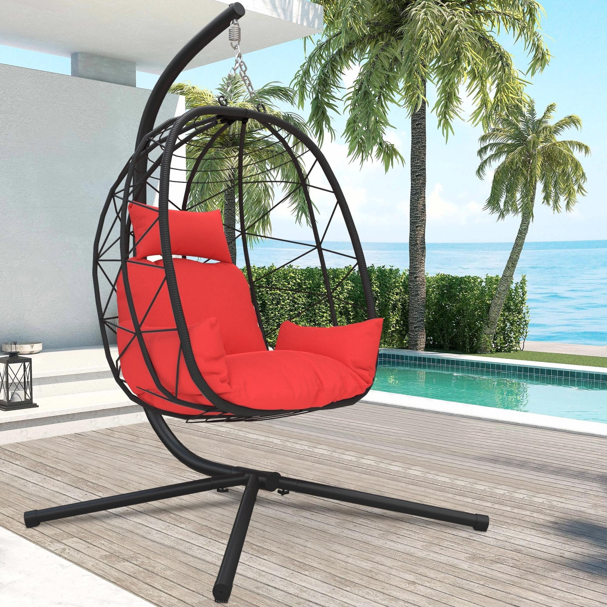 Outdoor Egg Chair, Patio Wicker Swing Egg Chair with Stand, Aluminum Frame Hanging Chair with Sof... | Walmart (US)