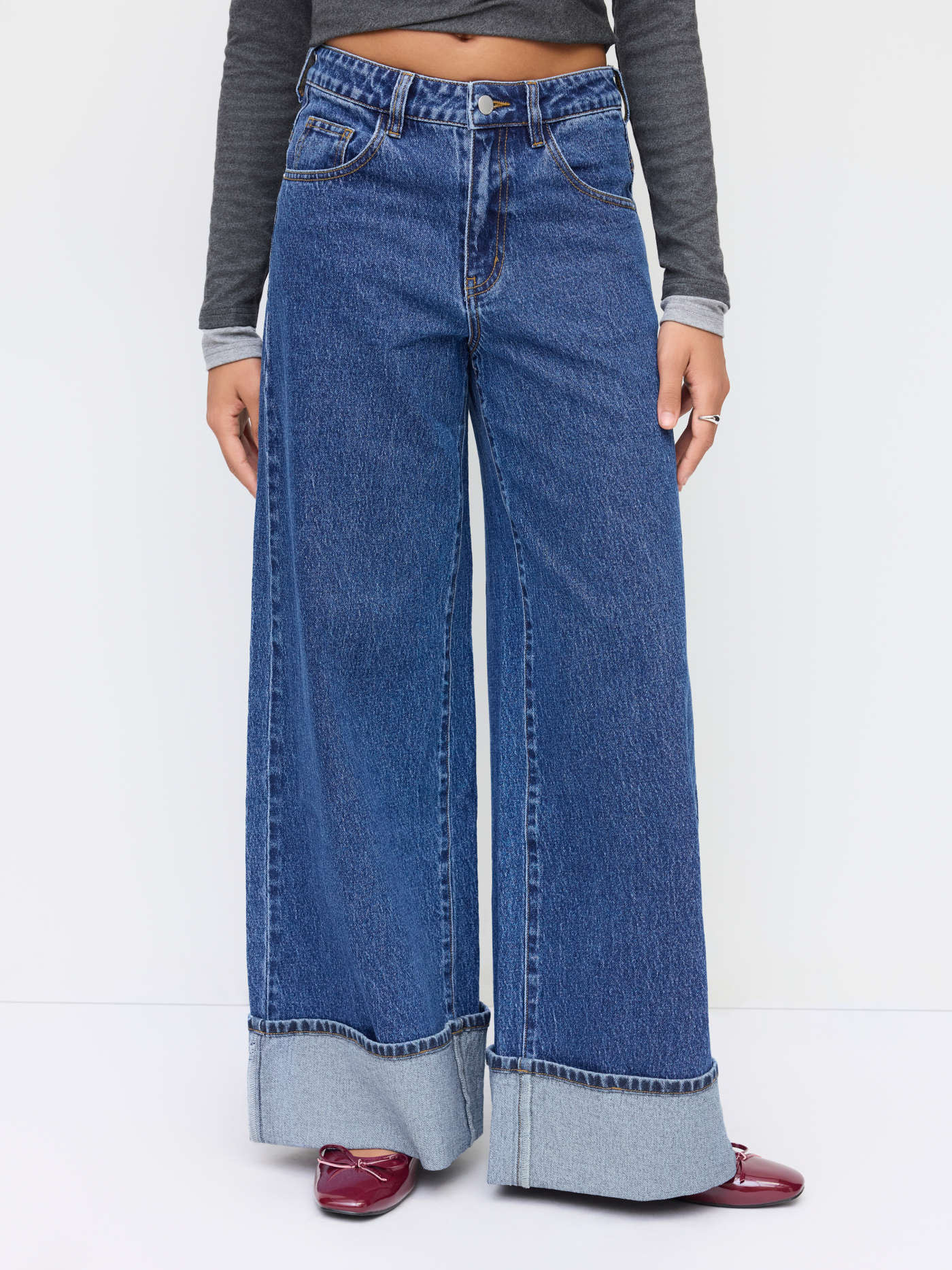 Denim Cider Denim Mid Rise Button Roll Hem Wide Leg Jeans For Décontracté quotidien | Cider