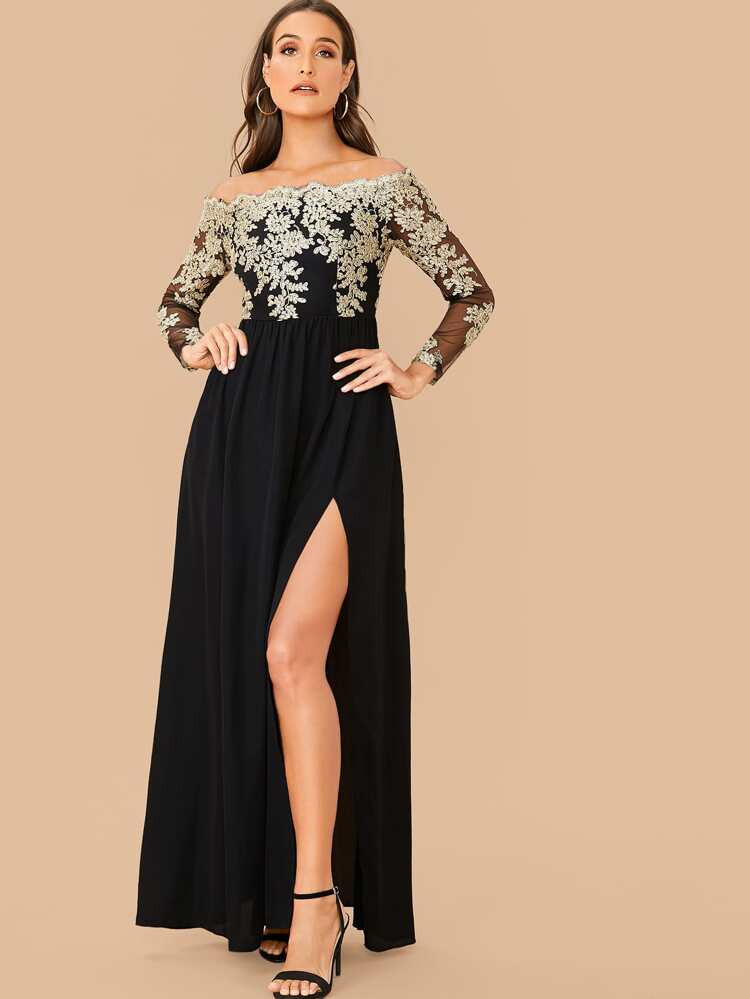 SHEIN Embroidered Mesh Bodice High Split Bardot Dress | SHEIN