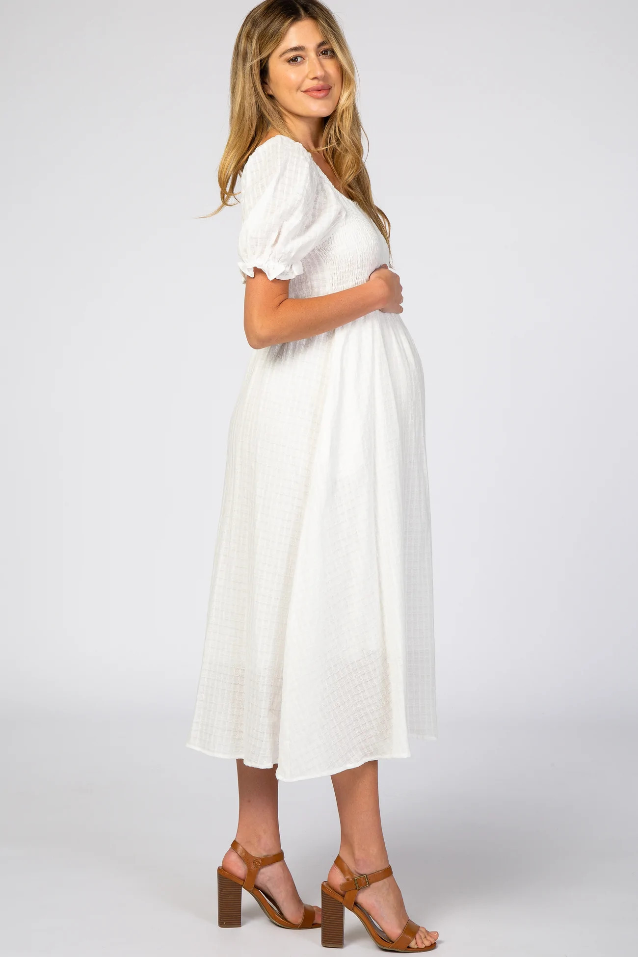 White Smocked Puff Sleeve Maternity Midi Dress | PinkBlush Maternity