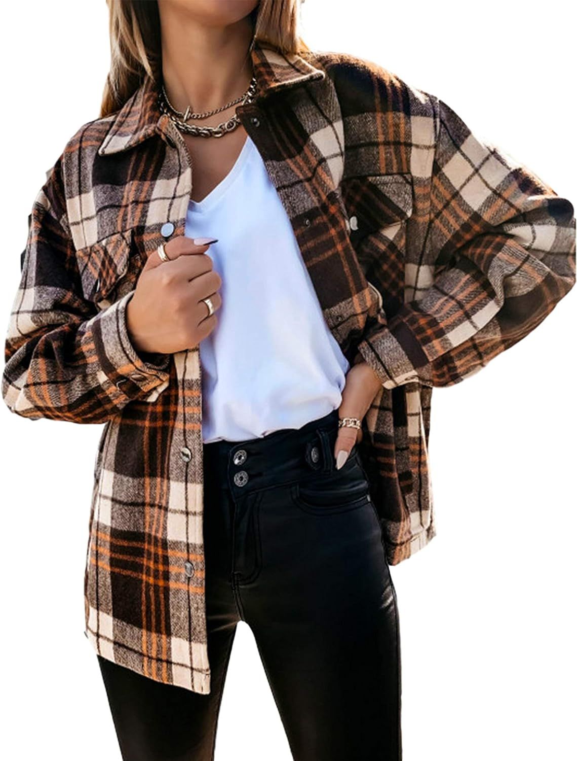 Himosyber Women's Vintage Lapel Plaid Button Up Brushed Wool Blend Shirts Shacket Outerwear | Amazon (US)