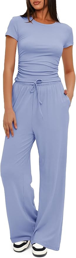 Darong Women's 2 Piece Set Outfits Lounge Sets Ruched Short Sleeve Tops High Waisted Wide Leg Pan... | Amazon (US)