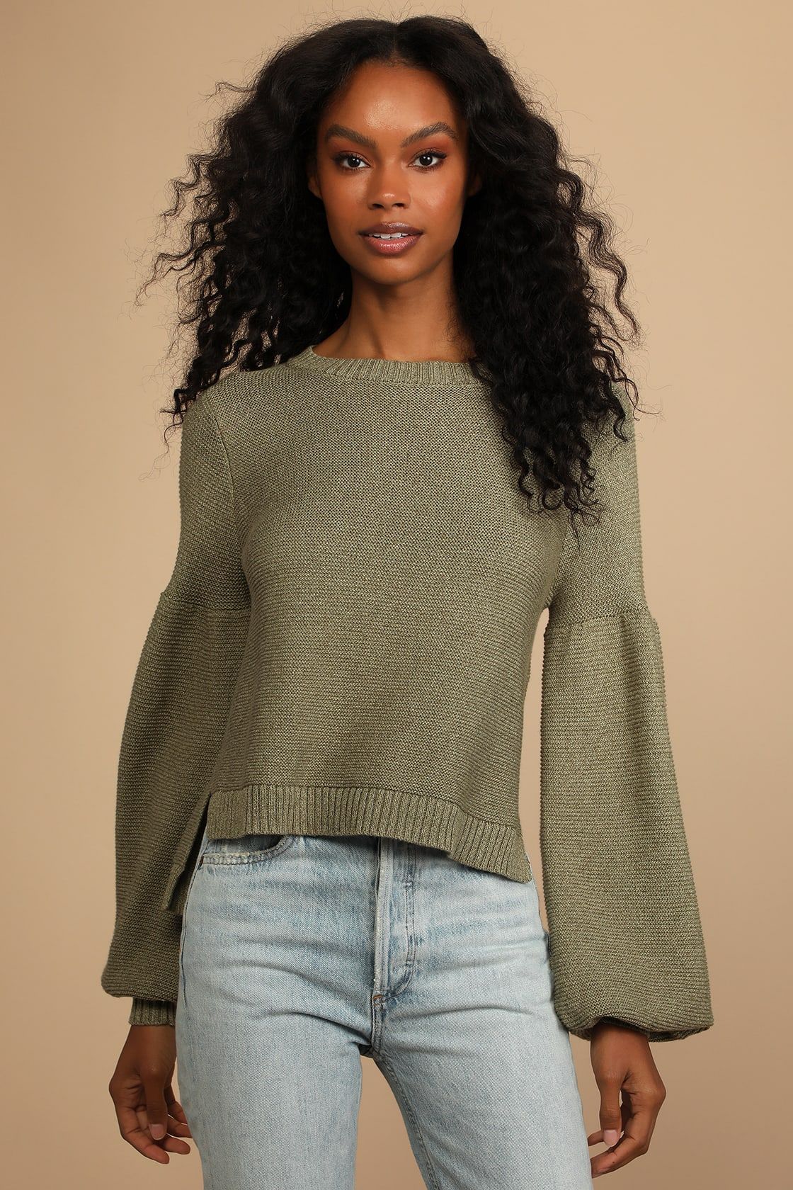 Catch You Later Olive Green Balloon Sleeve Sweater | Lulus (US)