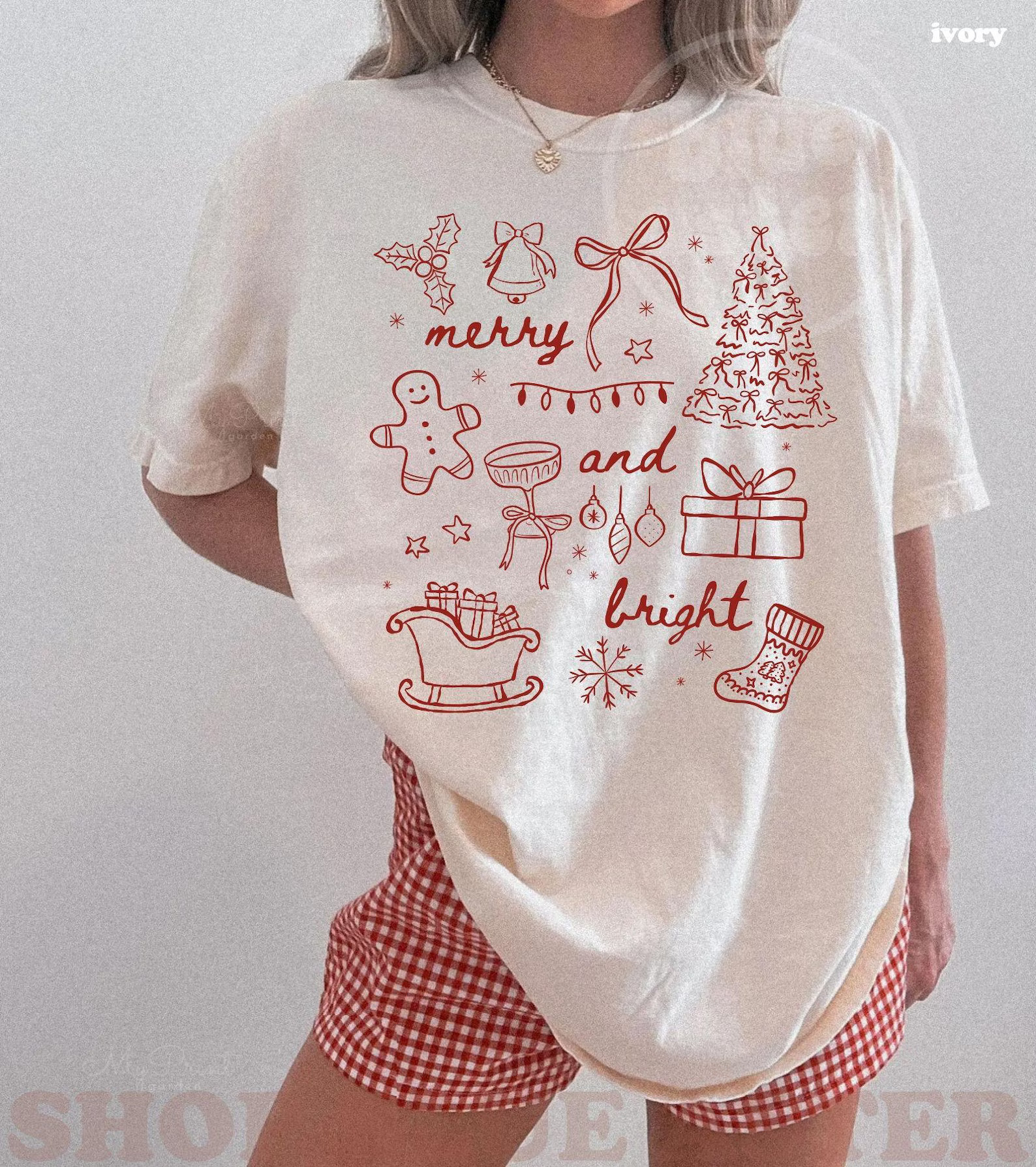 Merry and Bright Comfort Colors® Cute Doodles T-shirt, Christmas Coquette Shirt, Cute Christmas ... | Etsy (US)