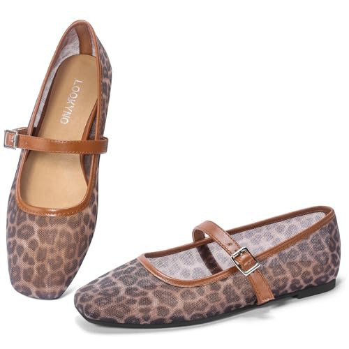 Women's Mesh Mary Jane Flats Square Toe Mesh Ballet Flats, Leopard, 6.5 | Amazon (US)