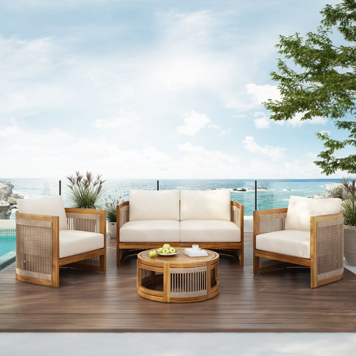Christopher Knight Home Mads 4 Pieces Outdoor Acacia Wood Curved Tub Design Seating Set with Wove... | Target