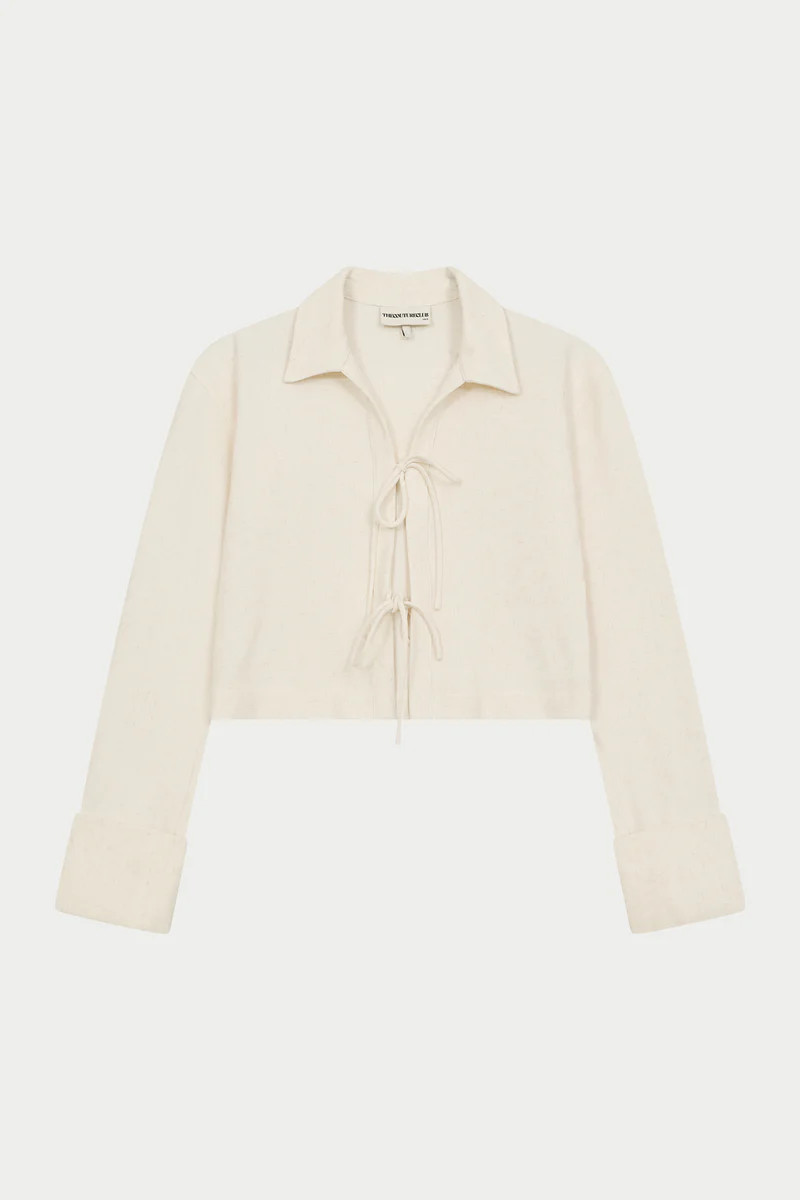 TEXTURED LINEN TIE FRONT SHIRT - BEIGE | The Couture Club