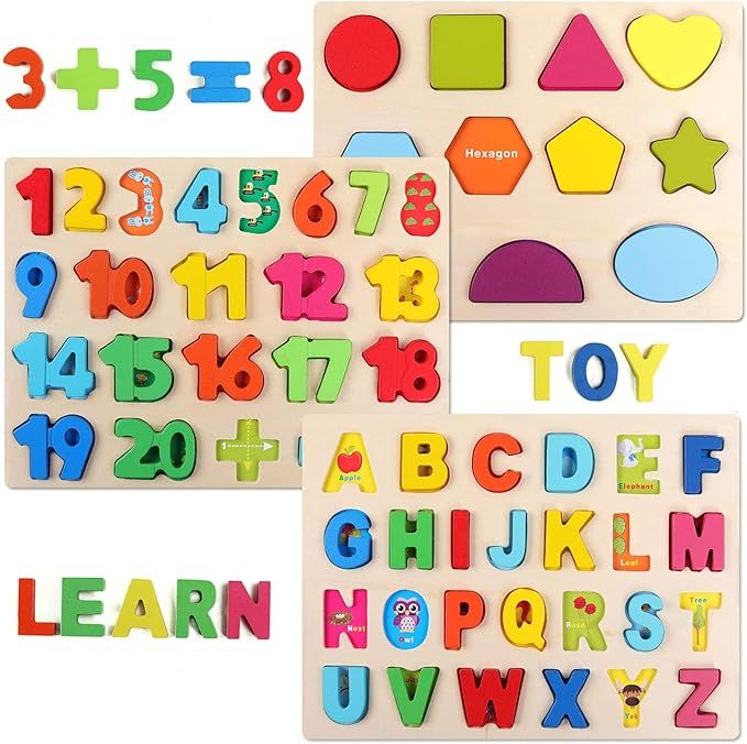 Wooden Puzzles for Toddlers, QZM Wooden Alphabet Number Shape Puzzles Toddler Learning Puzzle Toy... | Amazon (US)