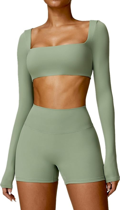 ABOCIW Workout Sets for Women 2 Piece Square Neck Long Sleeve Crop Tops High Waist Biker Shorts G... | Amazon (US)