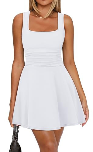OFEEFAN White Dress Sleeveless Square Neck Mini Dresses Summer Dresses for Women Graduation Dress Fit and Flare XS | Amazon (US)