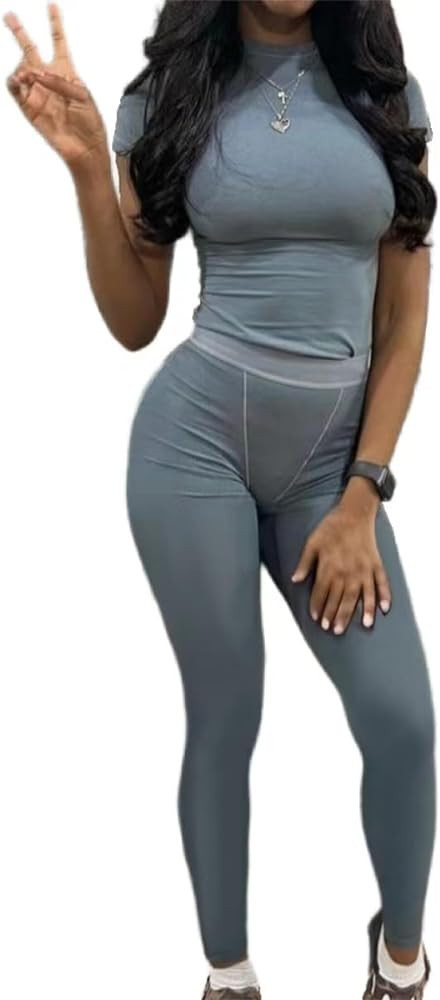 AYWA Two Piece Outfits for Women Fitted Crew Neck T-shirt High Waist Leggings Biker Shorts Matchi... | Amazon (US)