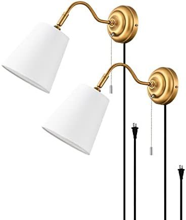 Plug in Swing Arm Wall Sconce Set of 2 ，YILYNN Antique Brass Finish Wall Light with Zipper Swit... | Amazon (US)