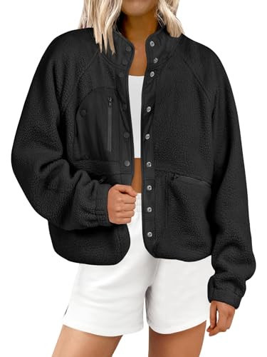 ANRABESS Womens Fuzzy Fleece Jacket Fall Casual Long Sleeve Cropped Sherpa Button Down Shacket Coats Outwear With Pockets Black X-Large | Amazon (US)