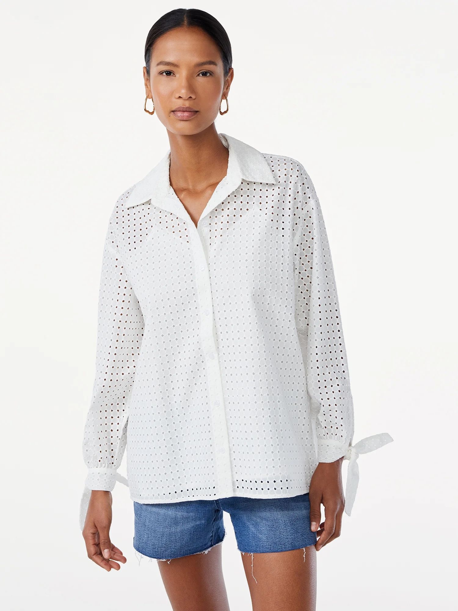 Scoop Women's Eyelet Blouse with Long Sleeves - Walmart.com | Walmart (US)