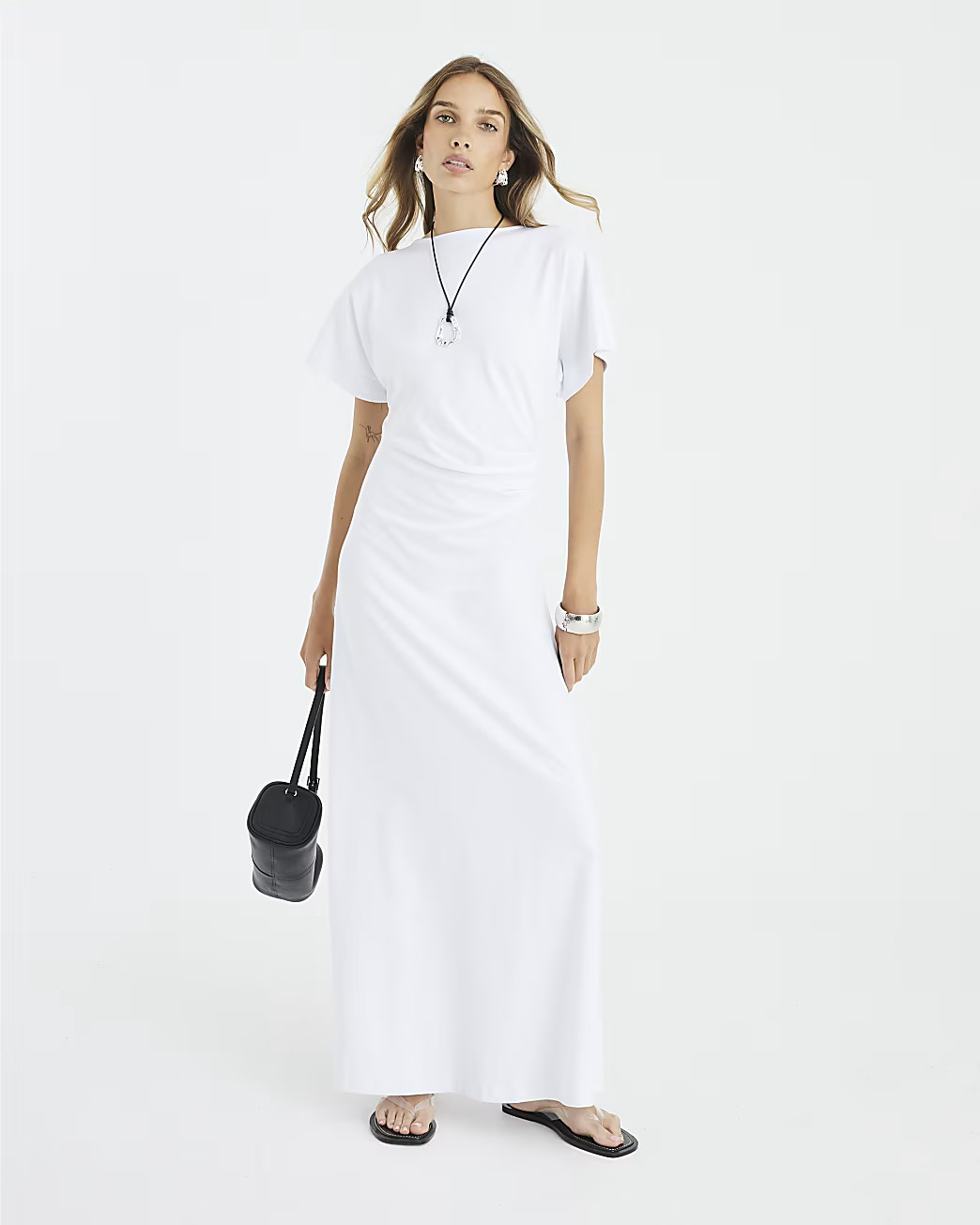 White Short Sleeve Drape Side Midi Dress | River Island UK & IE
