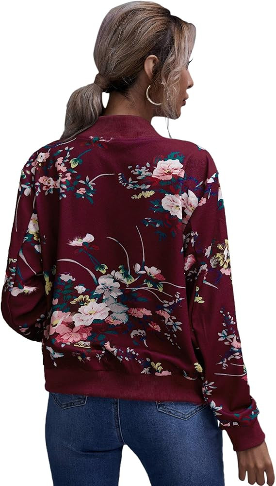 ROMWE Women's Casual Floral Print Zip Up Lightweight Bomber Jacket | Amazon (US)