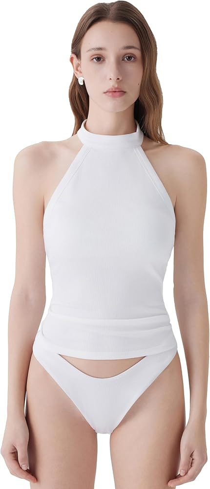 SUUKSESS High Neck Tank Tops with Built in Bras Halter Tops for Women Backless Going Out Tops | Amazon (US)