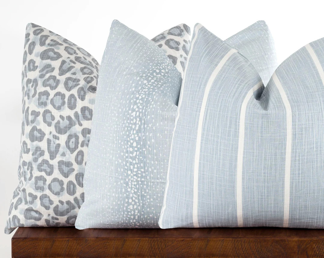 Light Blue Pillow Cover With Zipper - Stripe, Antelope, Leopard Prints in Mineral Blue, Zippered ... | Etsy (US)