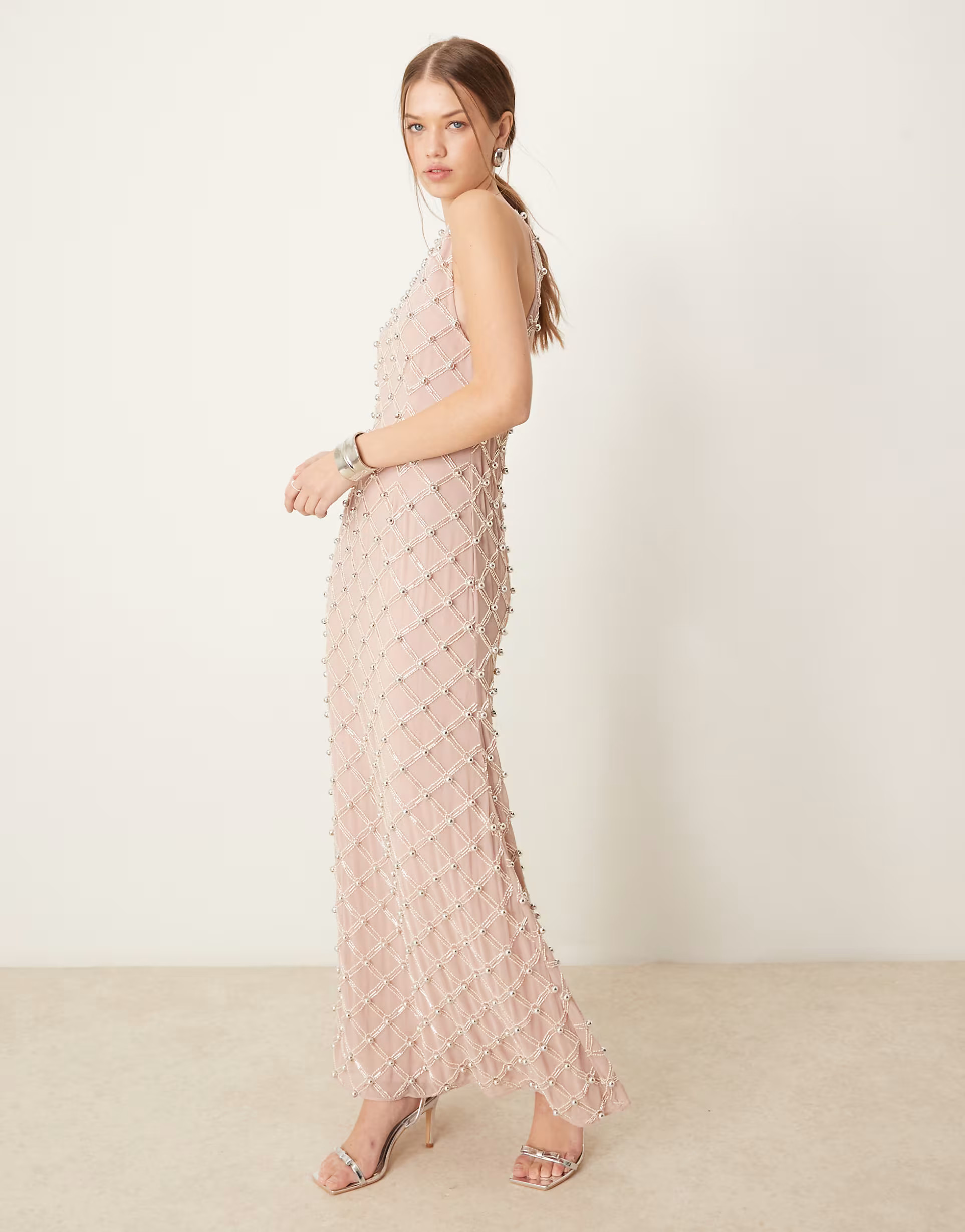 ASOS DESIGN racer embellished maxi dress with open back in taupe | ASOS (Global)
