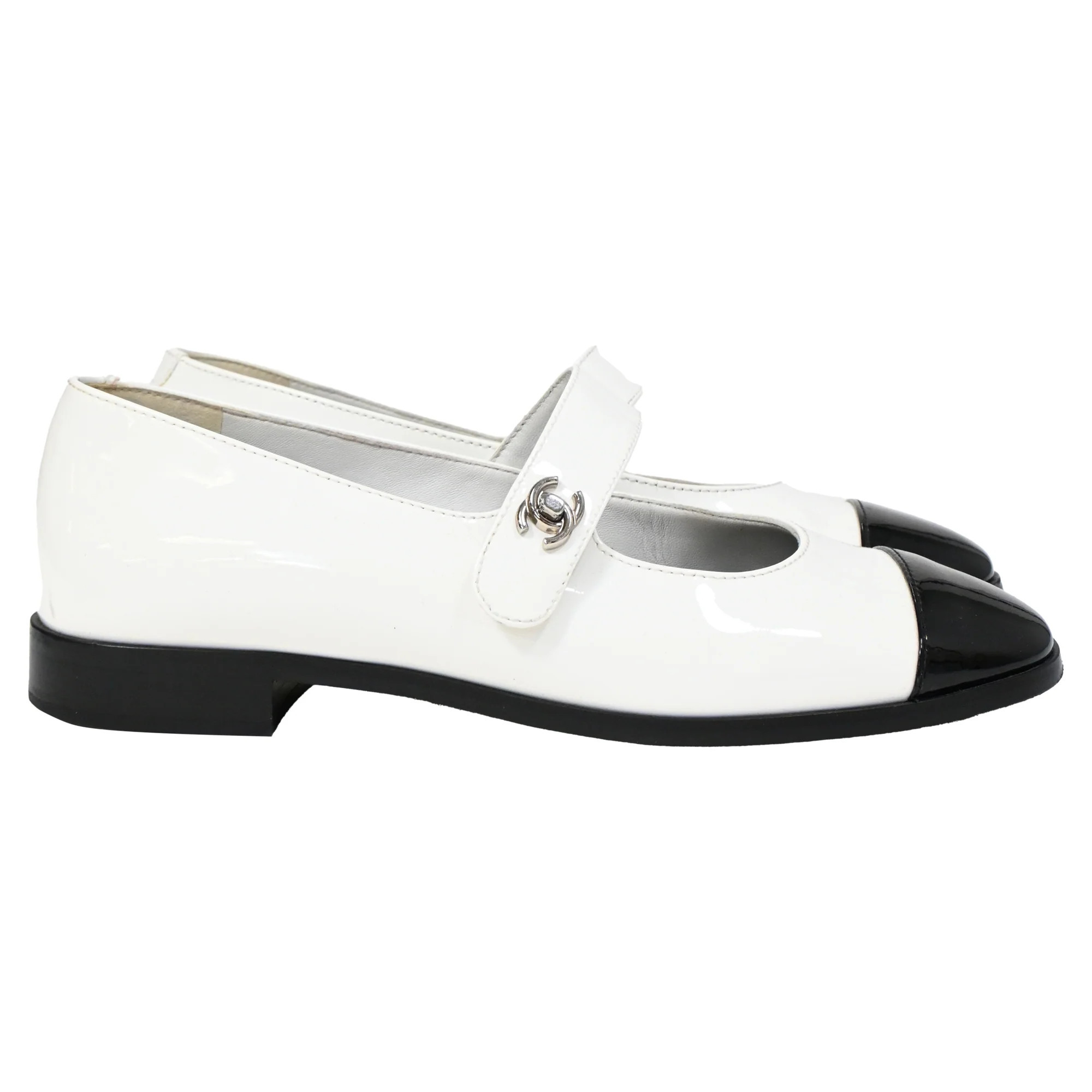 Chanel CC Mary Jane Ballet Flats in White Patent Leather | Shop Simon