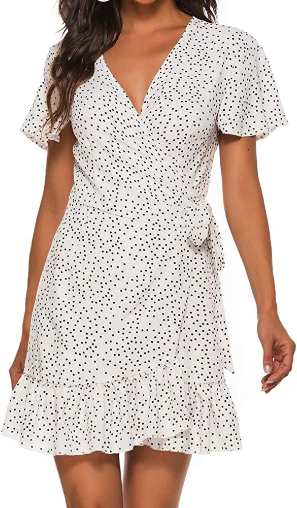 Naggoo Women's Summer Wrap V Neck Polka Dot Print Ruffle Short Sleeve Mini Floral Dress with Belt | Amazon (US)