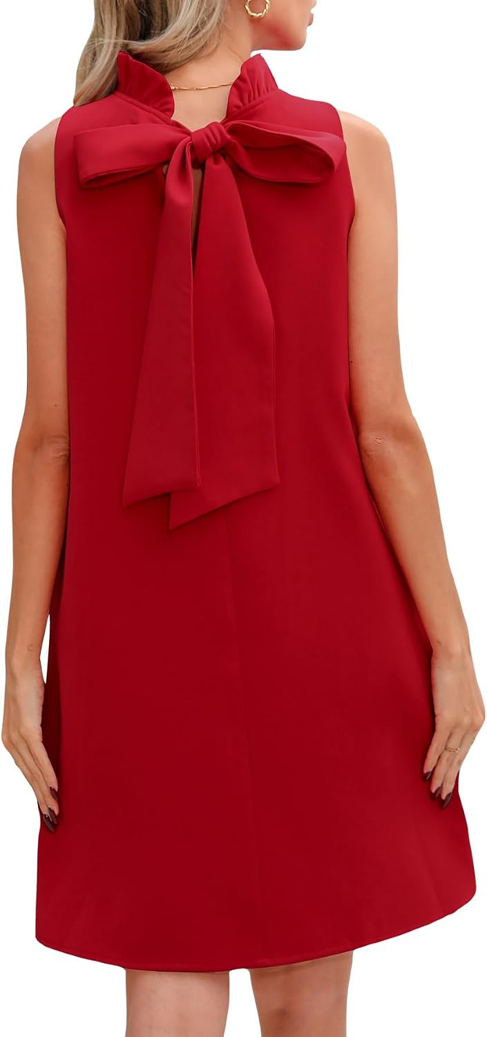 Kedera Women's Summer Casual Mini Dress Ruffle Mock Neck Sleeveless Loose Dress Swing Solid Shift Dress with Bow | Amazon (US)