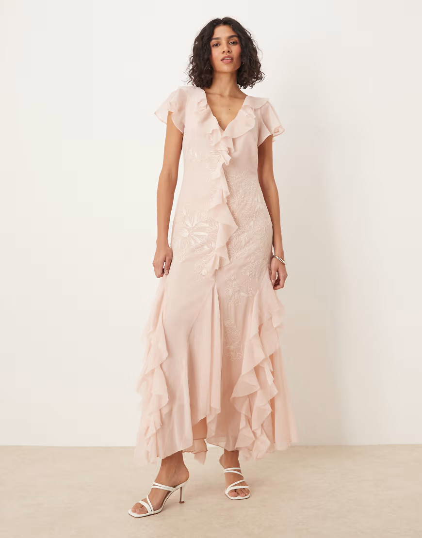 ASOS DESIGN angel sleeve ruffle embroidered maxi dress in dusky pink | ASOS (Global)