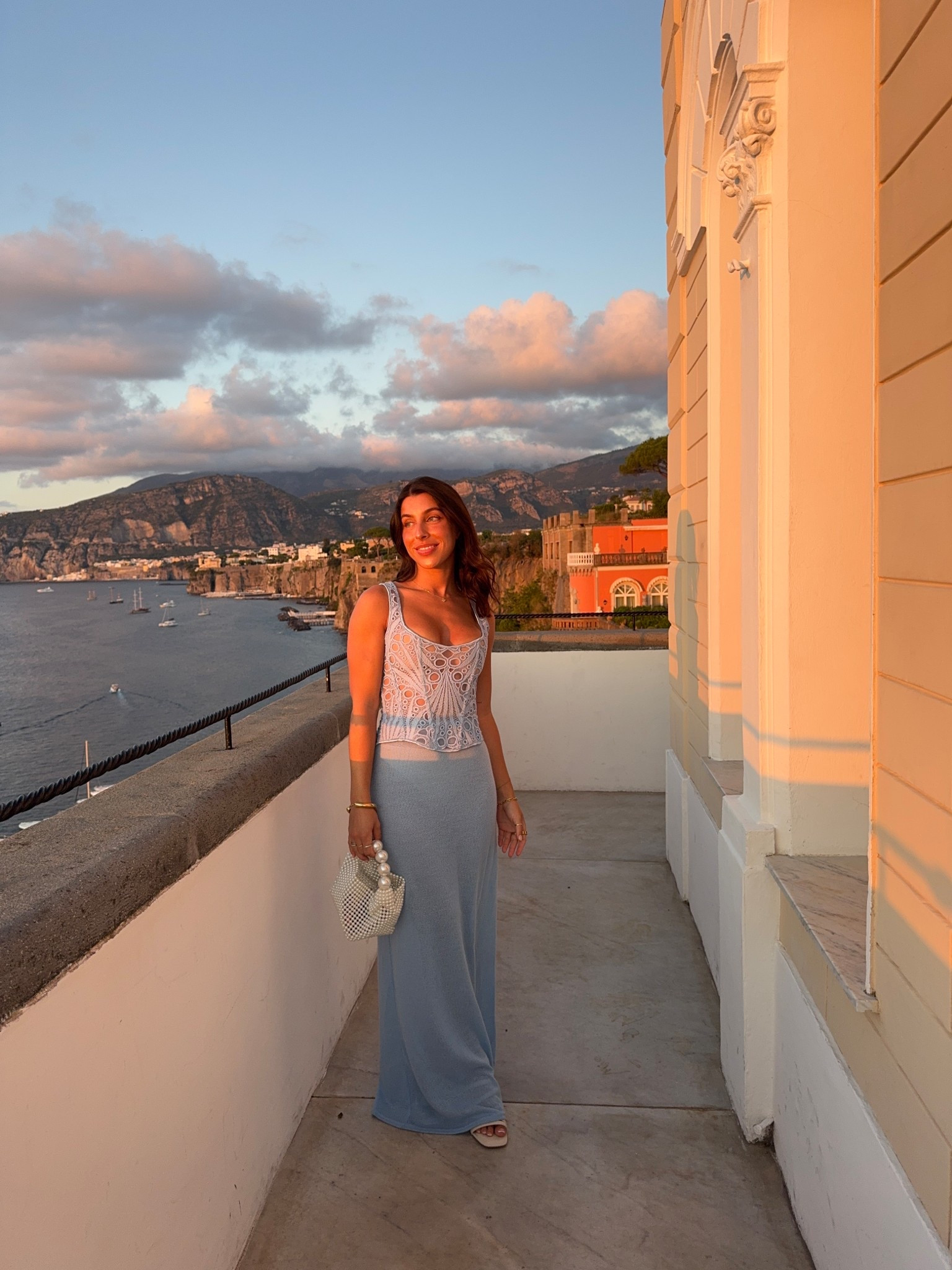 Summer outfit, holiday evening outfit, corset top, maxi skirt, petite style, petite outfit, sunset, asos, PLT, pretty little thing, holiday wardrobe, essentials, gold bangle, minimal jewellery, block heels, neutral heels, blue outfit, monochrome, 

#LTKsummer #LTKeurope #LTKpetite