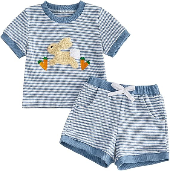 Toddler Baby Boy Easter Outfit Waffle Stripe Bunny Carrot Print Short Sleeve Shirt and Shorts Set... | Amazon (US)