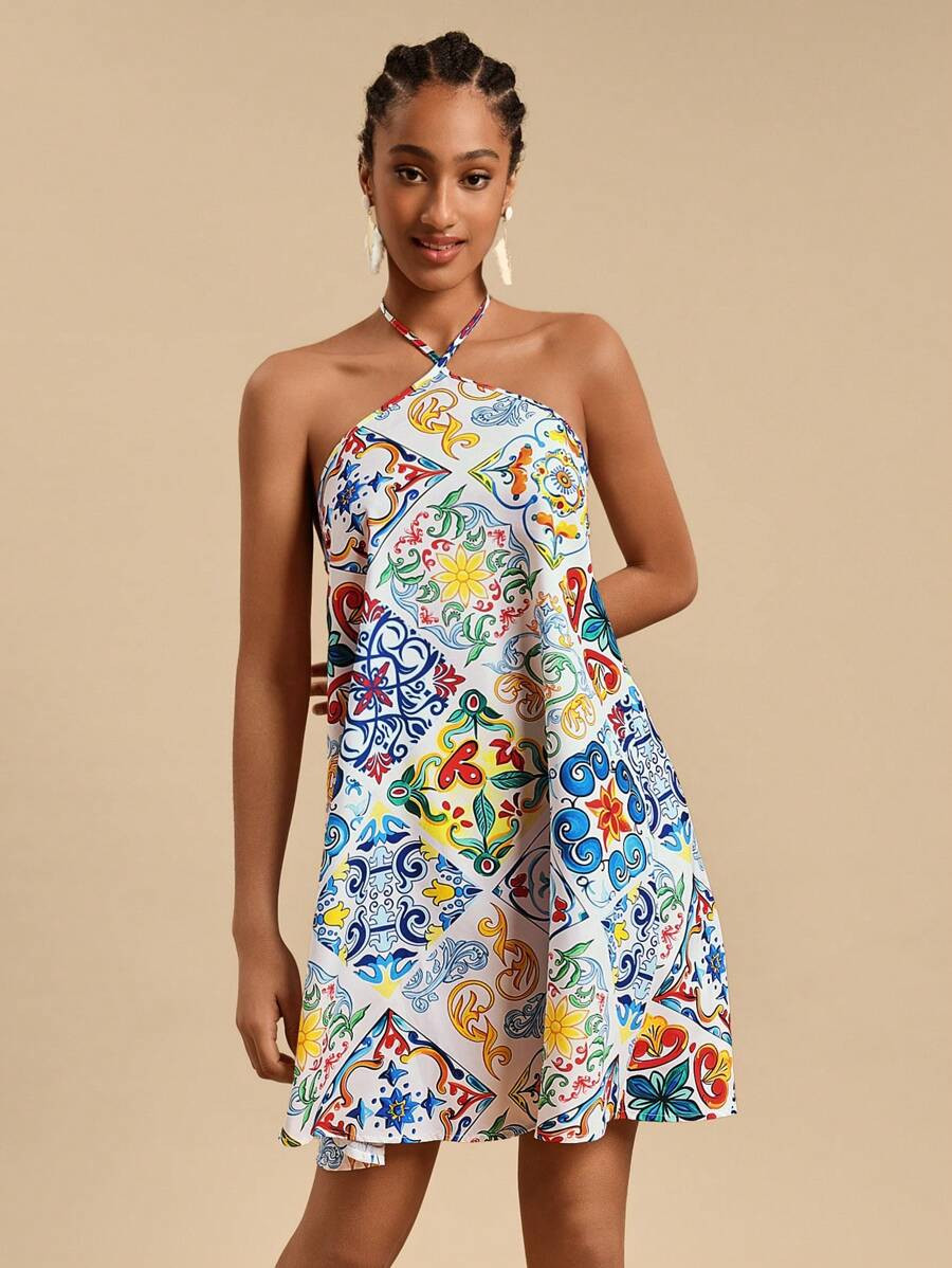 Travachic Woven Printed Halter Neck Loose Women Short Casual Dress | SHEIN