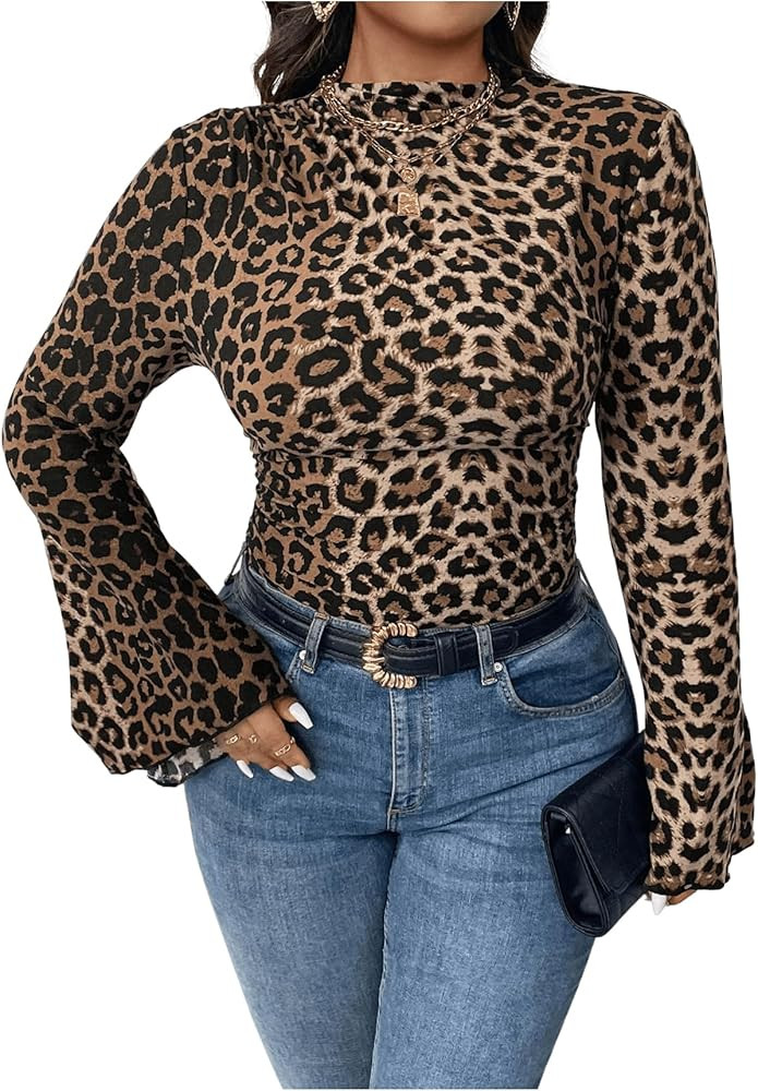 MakeMeChic Women's Plus Size Leopard Print Tees Mock Neck T Shirt Bell Sleeve Slim Fitted Club Te... | Amazon (US)