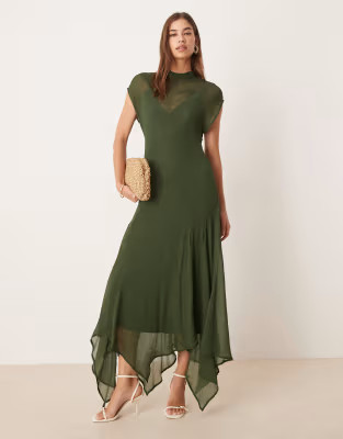 ASOS DESIGN high neck hanky hem chiffon maxi dress in dark moss | ASOS (Global)