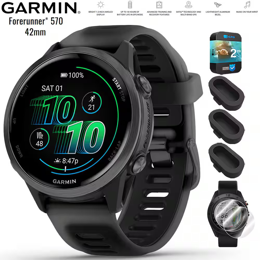 Garmin - Forerunner 570 - 42mm GPS Smartwatch Black Band + 2 Year Warranty Bundle - Slate Gray Aluminum - (2025) | Best Buy U.S.