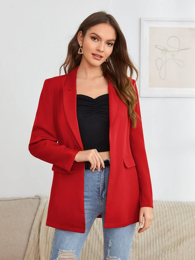 SHEIN Peak Collar Flap Detail Solid Blazer | SHEIN