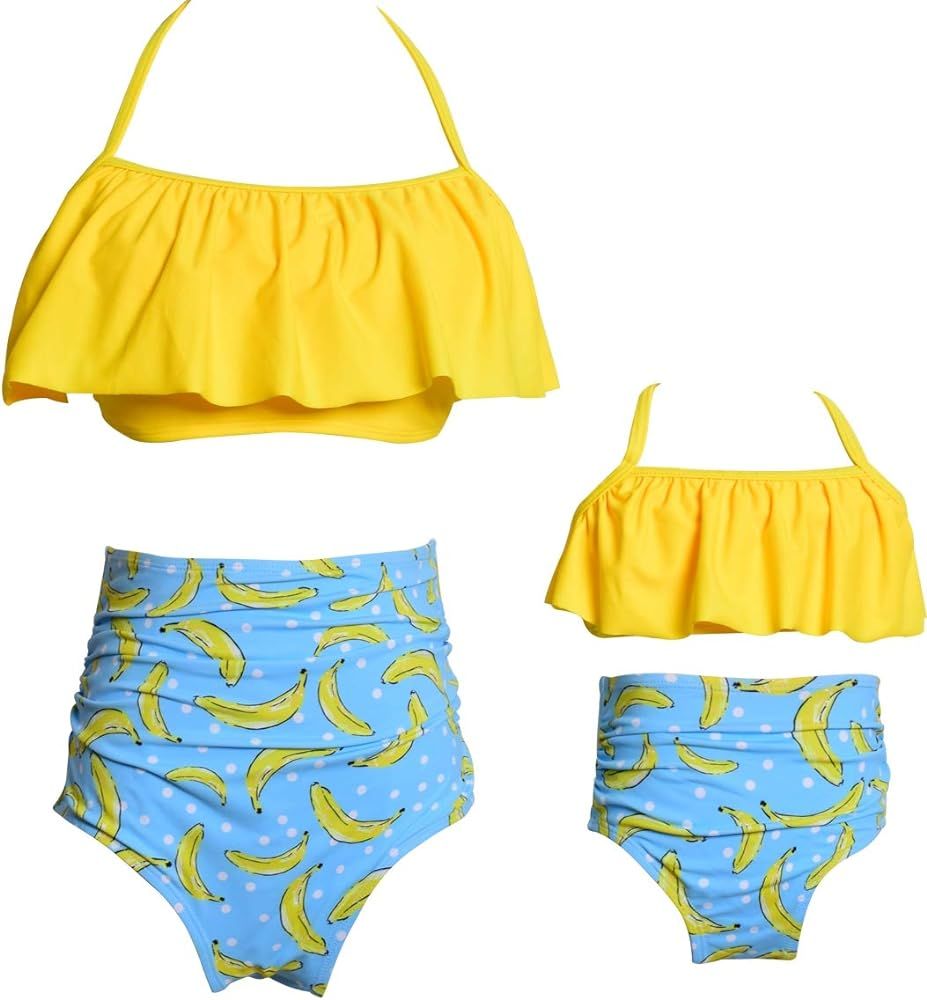 Mommy and Me Matching Family Swimsuit Ruffle Women Swimwear Kids Children Toddler Bikini Bathing Sui | Amazon (US)