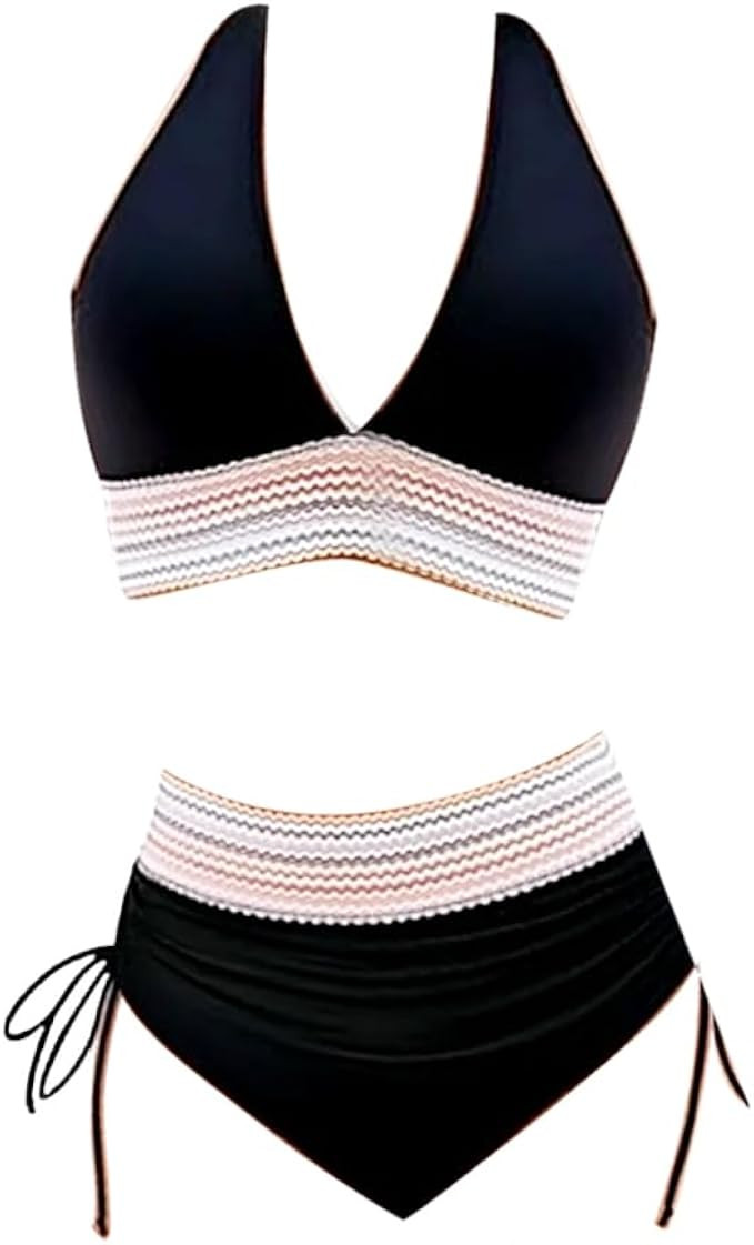 Womens High Waisted Bikini Sets V Neck Retro Swimwear Tummy Compression 2-Piece Swimsuits Color B... | Amazon (US)