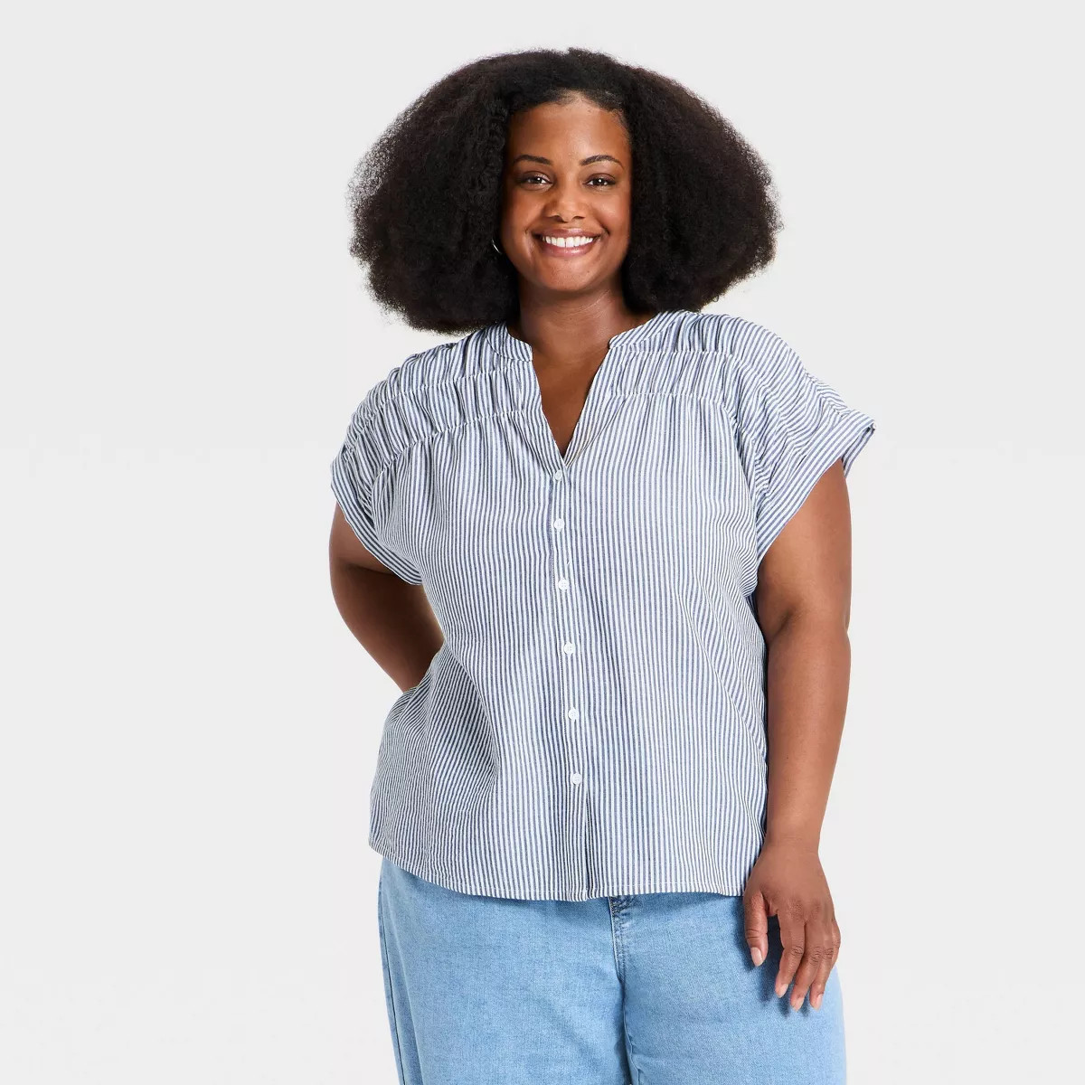 Women's Dolman Short Sleeve Smocked V-Neck Button-Front Top - Ava & Viv\u2122 Navy Blue Striped 1... | Target
