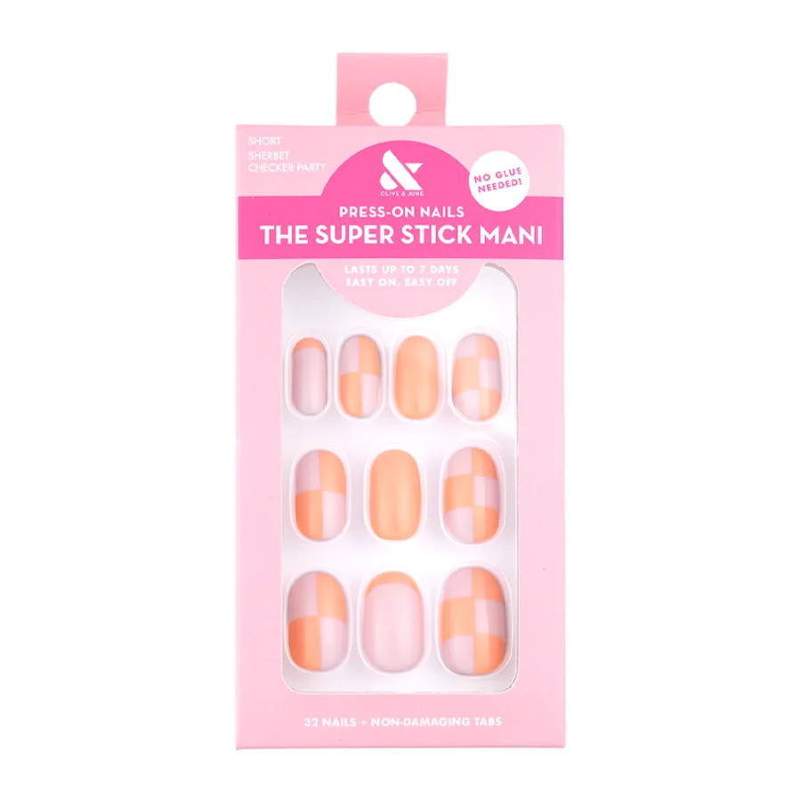 Olive & June Super Stick Mani Round Short Press-On Nail Tabs, Sherbet Checker Party, 32 Pieces | Walmart (US)