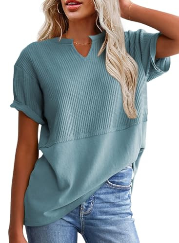 SHEWIN Tops for Women Trendy 2026 Waffle Knit V Neck Summer Top Short Sleeve Tee Shirt Oversized Tshirts for Women Loose fit,US 20-22(2XL),Mint Blue | Amazon (US)