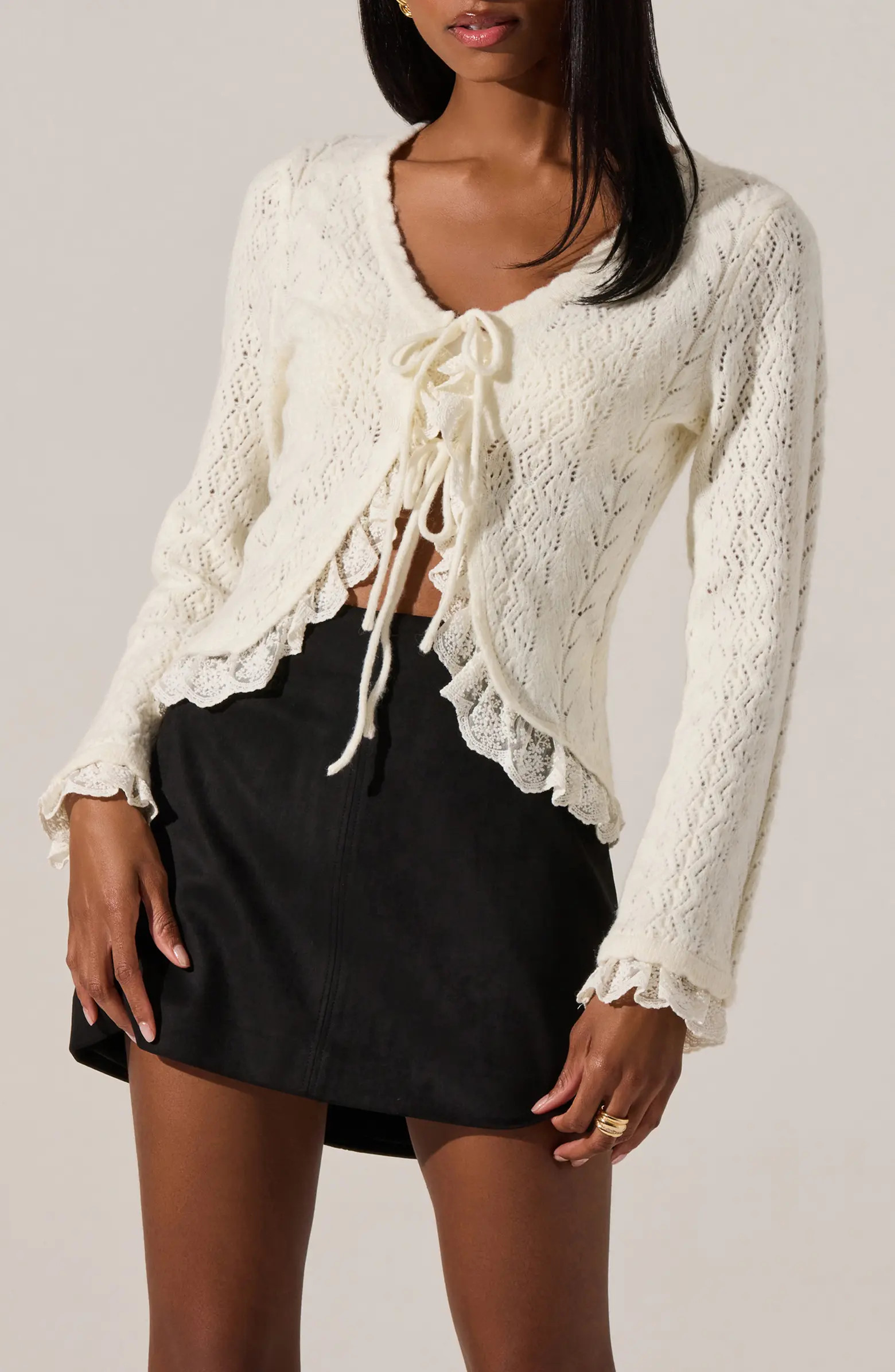 ASTR the Label Lacey Ruffle Pointelle Tie-Front Cardigan | Nordstrom | Nordstrom