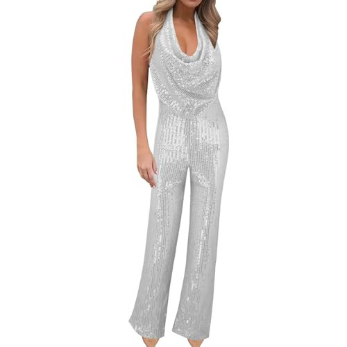 Women Sequin Jumpsuit Sexy Deep V Neck Cocktail Party Romper Halter Glitter Sparkly Outfits New Years Eve Jumpsuit Silver Small | Amazon (US)