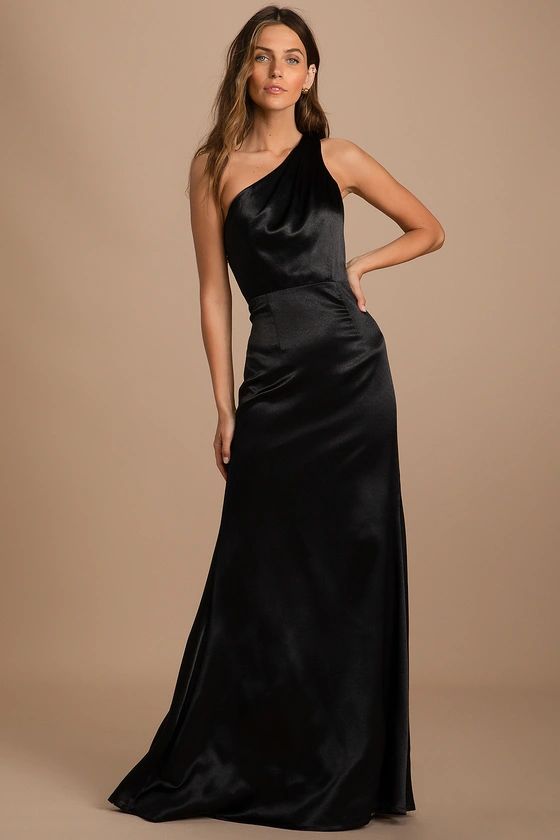On the Guest List Black Satin One-Shoulder Maxi Dress | Lulus (US)