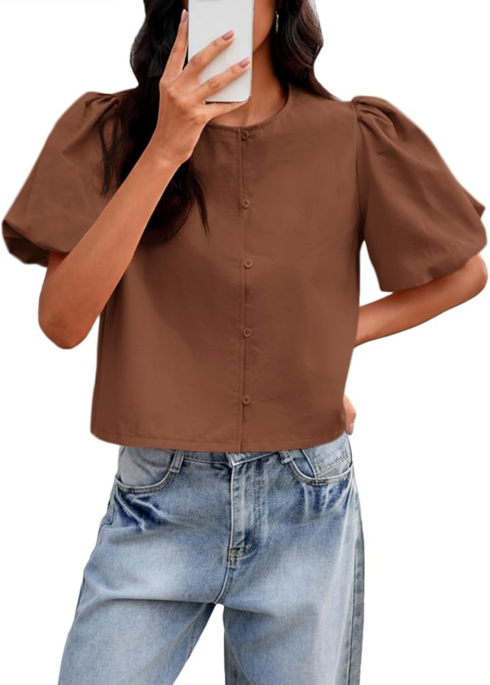Tankaneo Womens Cropped Tops Puff Sleeve Button Down Shirts Trendy Casual Loose Fit Cute Blouse | Amazon (US)