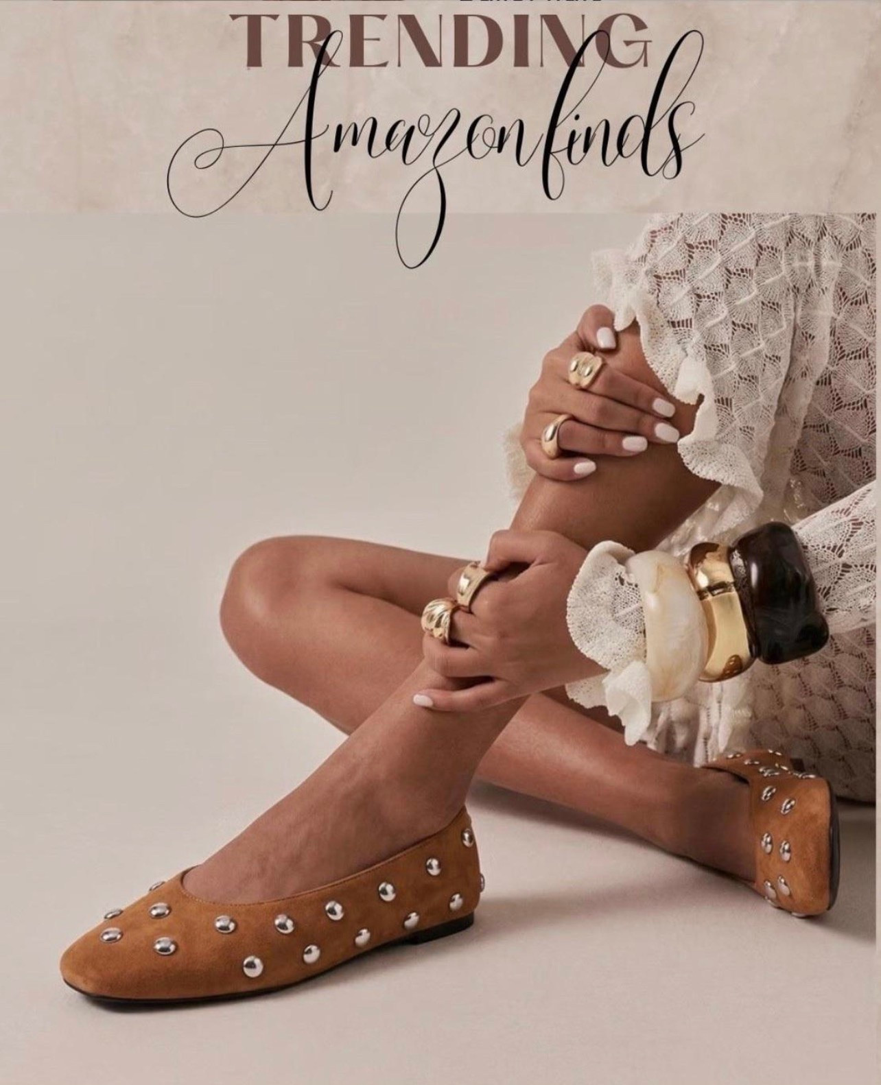 Chunky gold jewelry 
Ballet flats
Studded ballet flats 
Amazon fall fashion