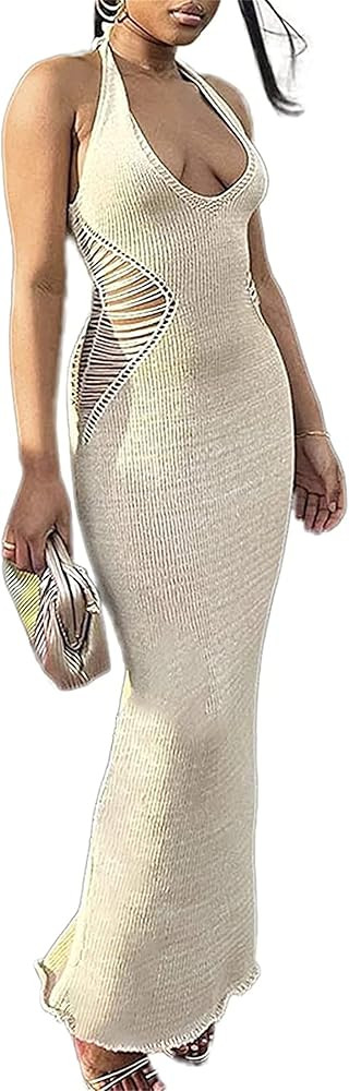 Women Sexy V Neck Bodycon Sweater Dress Knitted Halter Backless Hollow Out Waist Maxi Dress Party... | Amazon (US)