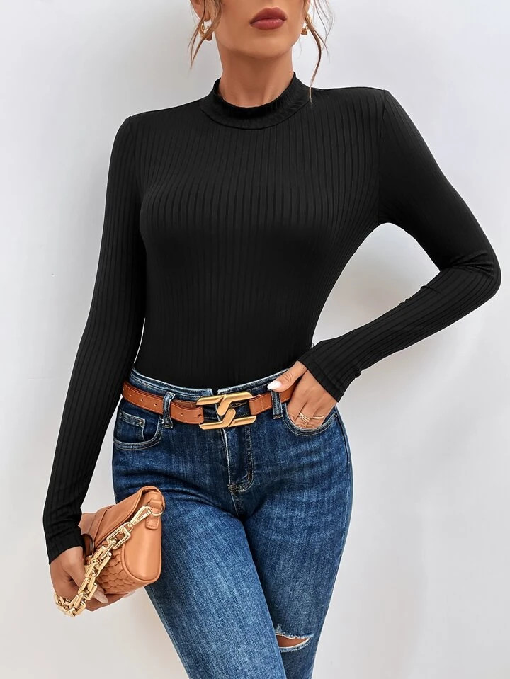 SHEIN Frenchy Mock Neck Rib Knit Tee | SHEIN