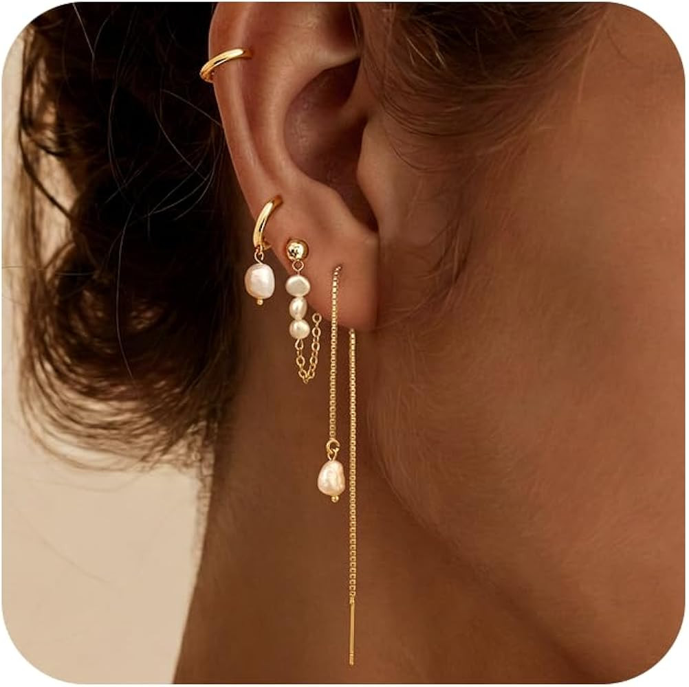 Gold Hoop Earrings for Women, 14K Gold Plated Hypoallergenic Pearl Drop Dangle Huggie Hoop Earrin... | Amazon (US)